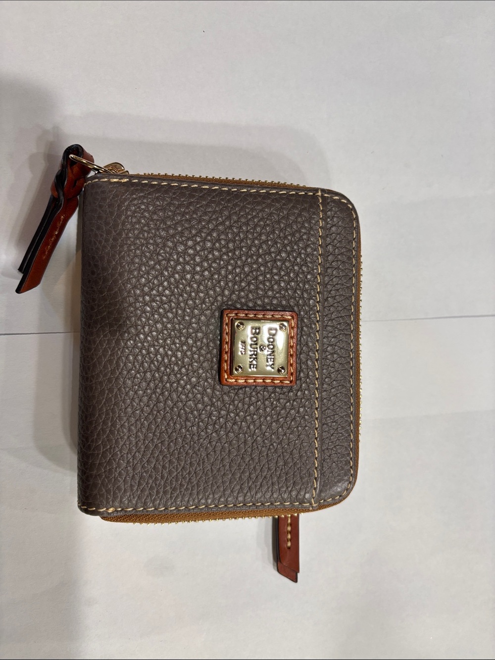 Dooney & Bourke Gray Pebbled Leather Zip Card Wallet with Brown Trim